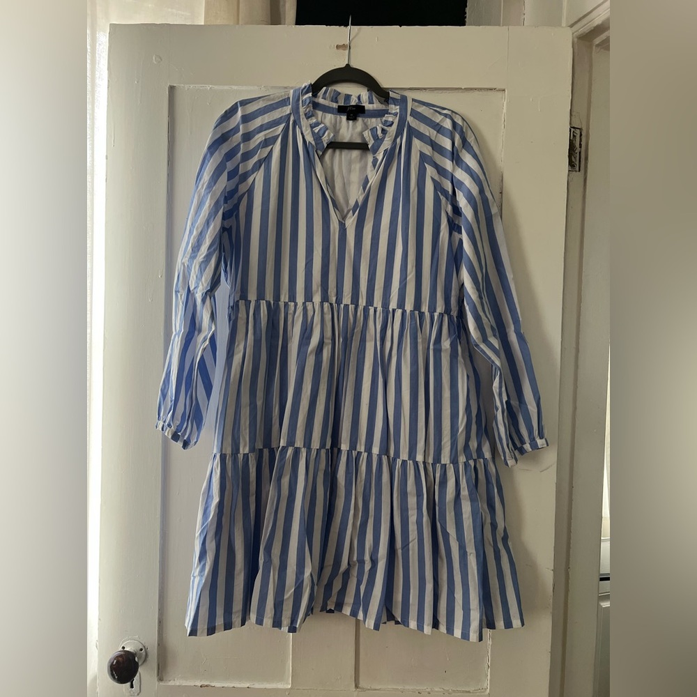 J. Crew Blue and White Striped Tiered Cotton Dress